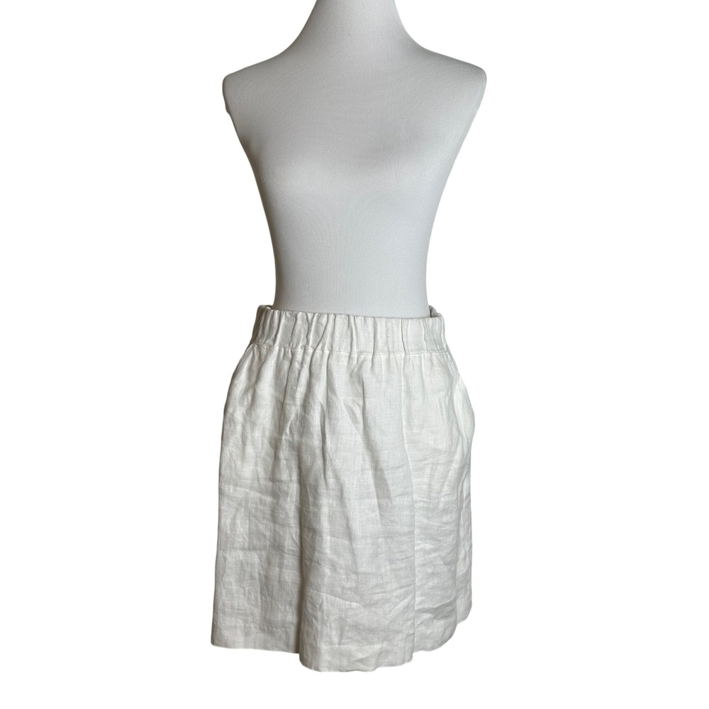 Ann Taylor LOFT White Linen Herringbone Skirt Elastic Waist Pockets Womens M